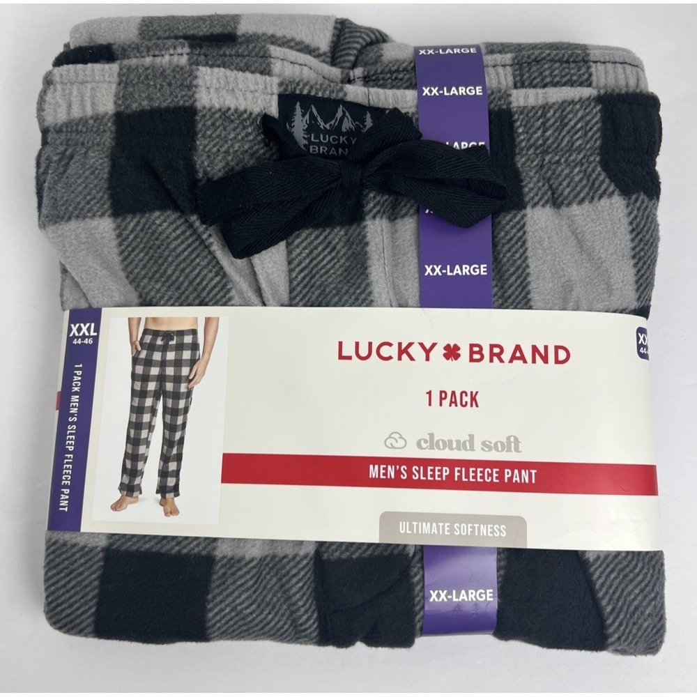 Lucky Brand Men's Lounge Pants Size XXL 44-46‎ Soft Fleece Plaid Gray Black D23
